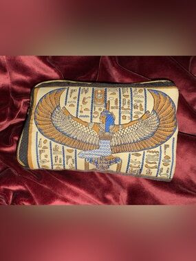 Egyptian Winged Goddess Embroidered Cosmetic Pouch - Blue & Gold